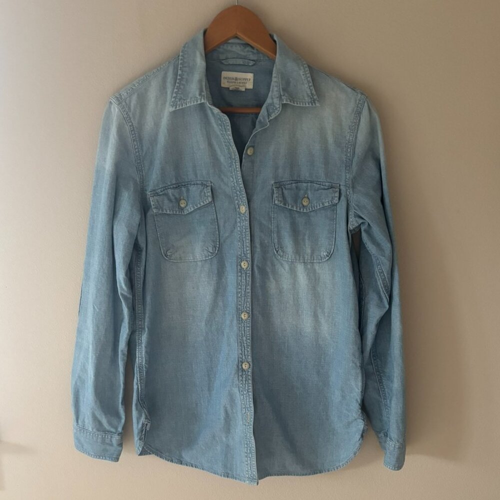 Denim & Supply Ralph Lauren Distressed Ombre Light Blue Denim Shirt Women's M